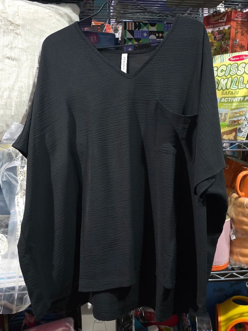 New 1X Zenana Outfitters Black V-Neck Short Sleeve Pocket Crepe Blouse